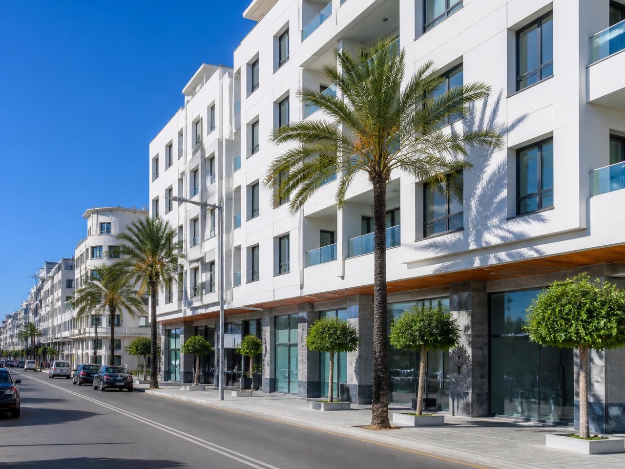 Boulevard commerçant de Tanger bordé de palmiers, avec des locaux professionnels en rez-de-chaussée d'immeubles modernes